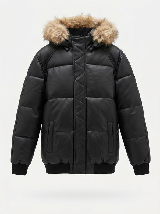 Canadian Weather Men's Faux Leather Puffer Jacket with Faux Fur Hood – Black