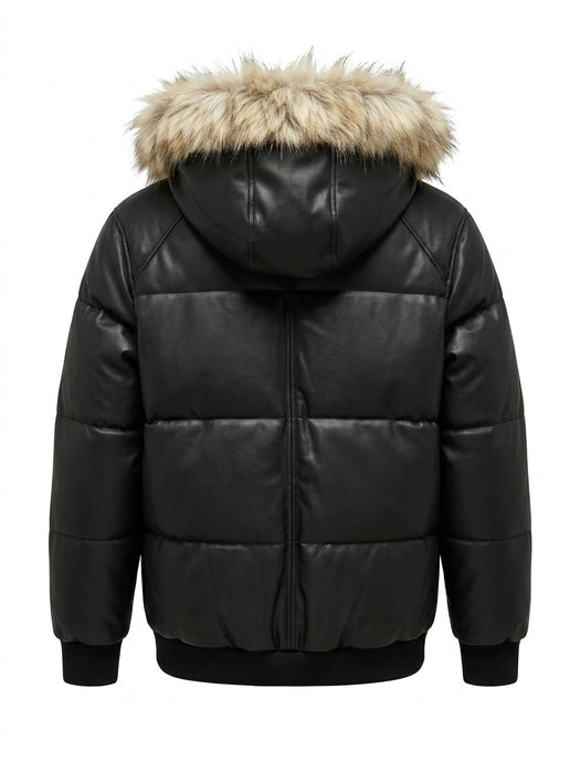 Canadian Weather Men's Faux Leather Puffer Jacket with Faux Fur Hood – Black