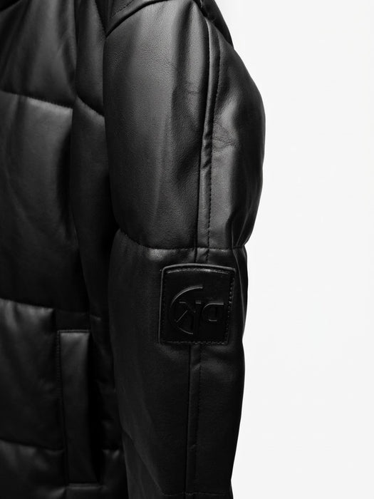 Canadian Weather Men's Faux Leather Puffer Jacket with Faux Fur Hood – Black